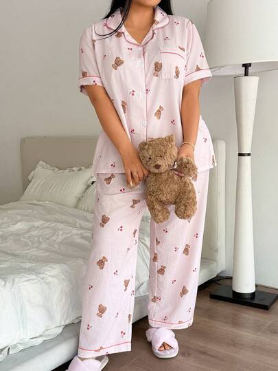 Dream Adore 加大码泡泡褶皱泰迪熊樱桃印花领短袖睡衣套装
