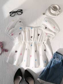 SHEIN 少女/青少年白色蕾丝蝴蝶结纹理面料度假衬衫 - 彩色 - 查看 2