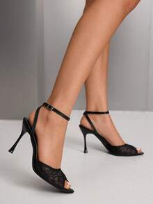 CUCCOO SZL 女士方头细跟黑色蕾丝网眼踝带性感时尚裙装宴会派对女士高跟露趾凉鞋 - 黑色 - 查看 9