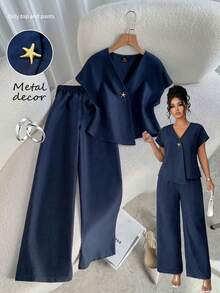 GlowEve CURVE Conjunto de 2 piezas elegante de verano tejido de gran tamaño para ir al trabajo - Azul Marino - Ver 1