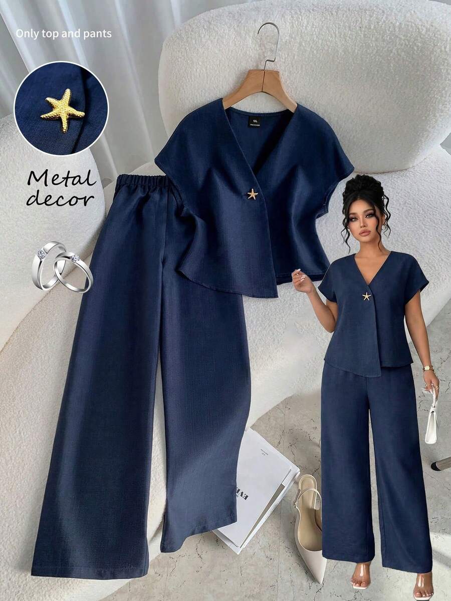 GlowEve CURVE Conjunto de 2 piezas elegante de verano tejido de gran tamaño para ir al trabajo - Azul Marino - Ver 1