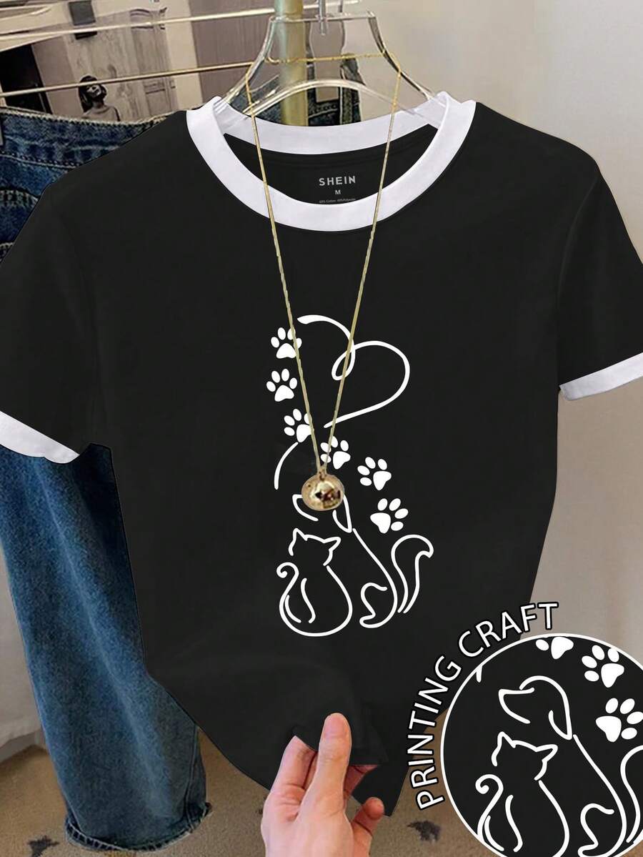 Resyla Camiseta de mujer de manga corta con cuello redondo y estampado gráfico de bloques de color - Negro - Ver 1