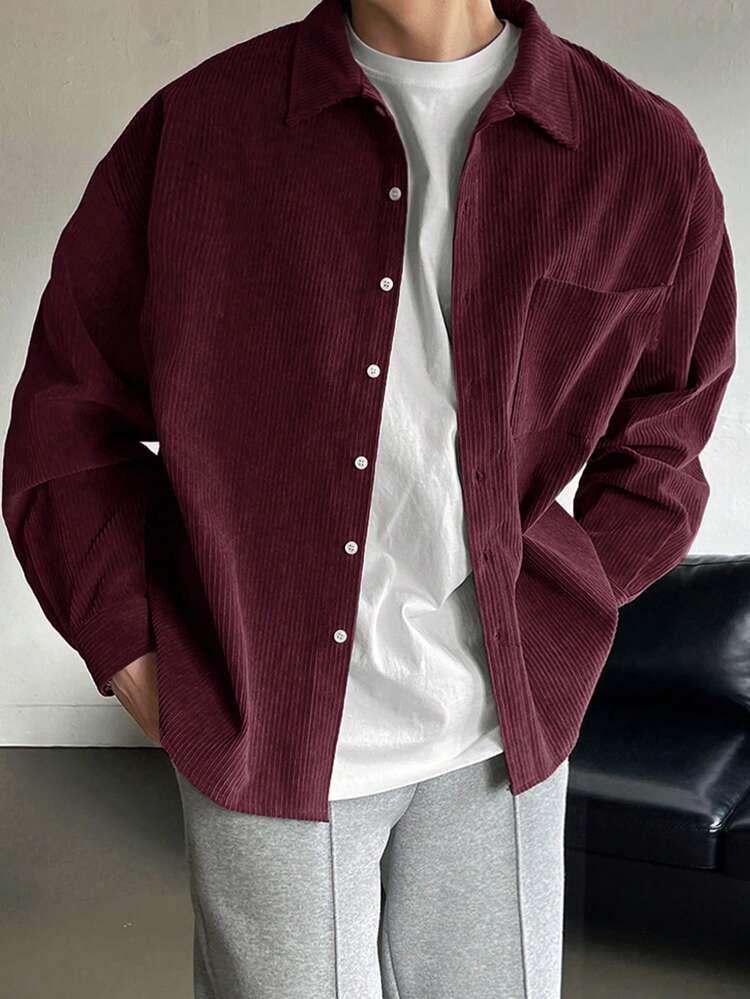 Men's Solid Color Turndown Collar Front Button Long Sleeve Minimalist Casual Shirt,Fall Clothes,Back To School Clothes