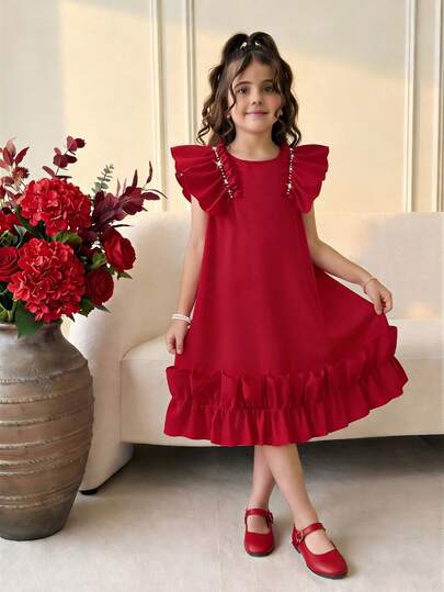 1件女童优雅甜美珍珠装饰短袖圆领无袖双层荷叶边下摆可爱红色连衣裙，适合节日、派对和日常穿着