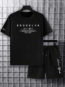 Manfinity Homme Conjunto casual de camiseta y pantalones cortos con estampado de letras para hombre, color negro - Negro - Ver 2