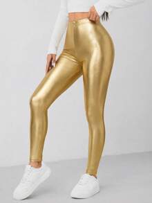 SHEIN PETITE Knitted Coated Women's Leggings, Light Gold - Gold - View 4