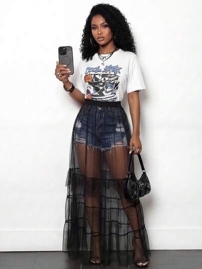 BamGleam Sheer Mesh Layered Skirt, Multi-Layer Black Tulle Patchwork See-Through Overlay Skirt, Sexy Club Party Street Style High Waist Long Skirt