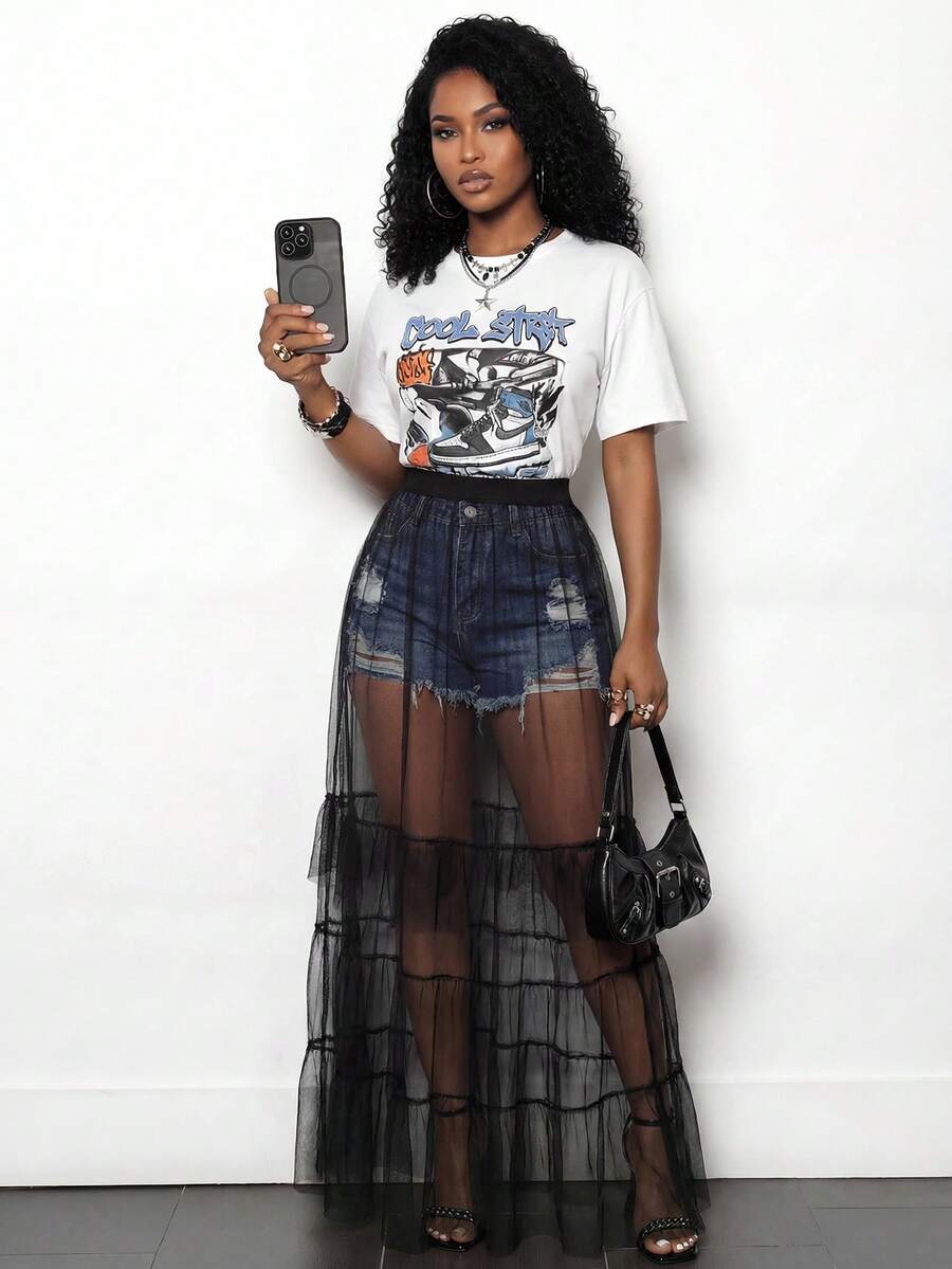 BamGleam 透视网纱层叠半身裙，多层黑色薄纱拼接透视罩衫半身裙，性感夜店派对街头风高腰长裙 - 黑色 - 查看 1