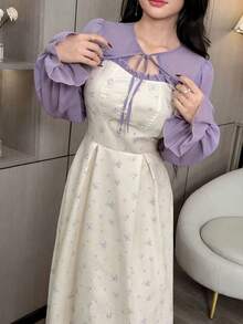 Modelyn Đầm voan chiffon họa tiết hoa phối tay kiểu Pháp thanh lịch, dáng ôm dành cho nữ. - Màu tím - Xem 6