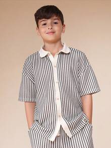 SUMWON Boys Crochet Stripe Button-Up Shirt And Matching Shorts Casual Summer Co-Ord Set With Collar And Short Sleeves - Black - View 3