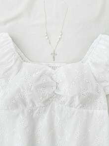 Teen Girl Summer New White Casual Vacation Embroidered Pleated A-Line Cute Blouse - White - View 4