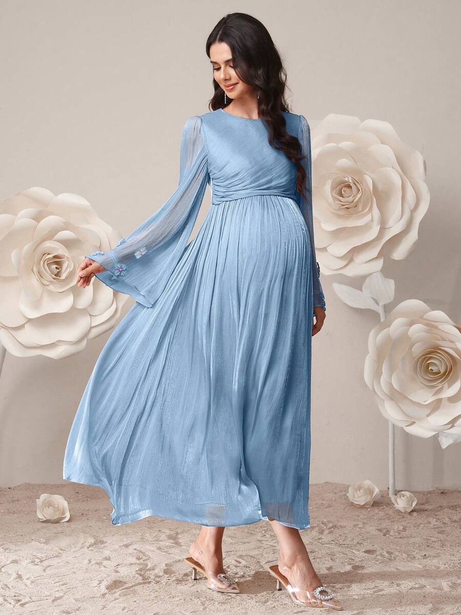 SHEIN Vestido elegante de manga larga con cuello redondo y drapeado en unicolor para maternidad - Celeste - Ver 1
