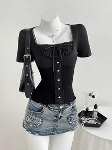 Elamini Women's T-Shirt, Lace Patchwork, Textured Knit, High Elasticity, Slim Fit - Black - View 6