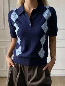 Livesso Atasan Polo Wanita Kasual Longgar Motif Blok Warna Kisi Berlian untuk Musim Semi & Musim Panas - Navy Blue - View 2