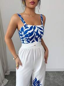 Elenzga Sleeveless Printed Top & Blue-White Placement Print 2 Pieces Set, Elegant Vacation Casual - Multicolor - View 8