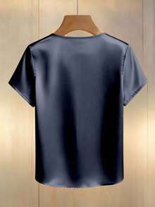 Franclia Women's Champagne Elegant Round Neck Pearl Decor Long Sleeve Blouse, Satin Fabric, Suitable For Commuting And Everyday Elegant Wear - Royal Blue - View 2