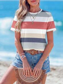 Sylviya 女士休闲拼色条纹圆领短袖 T 恤，适合春夏季 - 彩色 - 查看 4