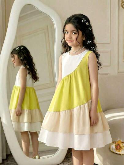 Genkimix Kids 1pc Girls' Summer Patchwork Versatile Vacation Dress, Suitable For Daily Commute And Holiday Wear