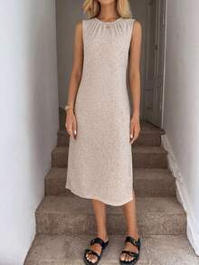 Easowa 女士圆领褶裥开衩休闲派对中长连衣裙 - 杏色 - 查看 6