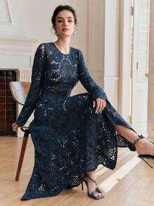 Anewsta Women's Hollow Embroidered Long Sleeve Dress - Navy Blue - View 6