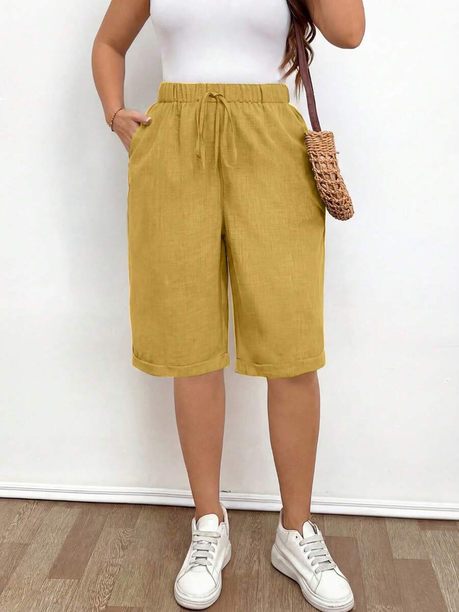 EMERY ROSE Plus Size Women Solid Color Drawstring Waist Pocket Casual Versatile Daily Shorts - Yellow - View 1