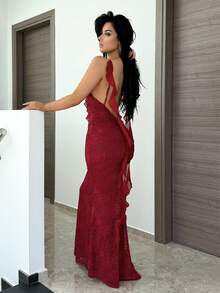 Vassilux Women's Elegant Romantic 3D Floral Decor Valentine's Day / Vacation Sleeveless Dress With See-Through Lace Patchwork And Ruffle Hem Party - Burgundy - View 6