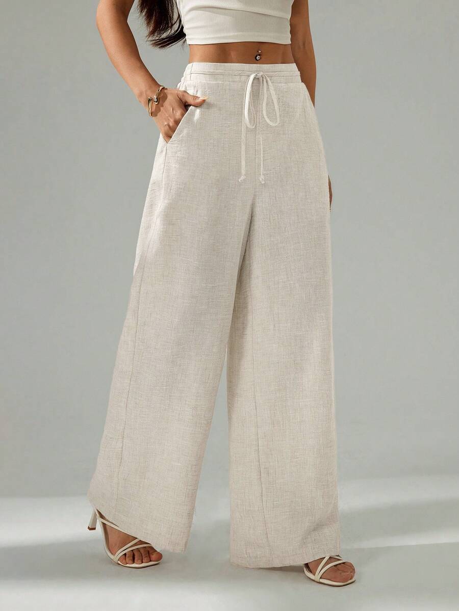 SHEIN PETITE 女士纯色亚麻系带阔腿口袋纹理通勤裤复古风格亚麻裤宽松夏季女装沙滩度假装女裤 - 杏色 - 查看 1