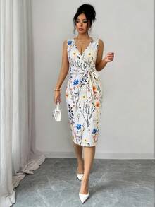 Elenzga 优雅印花裹身荷叶边蝴蝶结腰部中长连衣裙，休闲度假日常穿着，时尚杏色连衣裙 - 杏色 - 查看 6