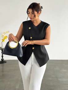 Firerie Plus Size Solid V-Neck Button Front Sleeveless Casual Blazer - Black - View 3