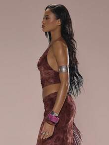 MUSERA Áo croptop Devore Paisley Print kiểu buộc dây cổ yếm cúp tam giác, thích hợp cho kỳ nghỉ hè, đi biển, Ibiza, lễ hội, thanh lịch, Cherry Moon. - Màu Đỏ Sâu - Xem 4