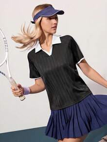 CourtClass Women's Sporty Casual Contrast Color Polo Collar Short Sleeve Tennis Shirt - Black - View 6