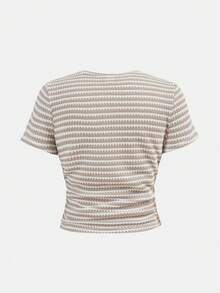 SHEIN Girlism 2件套 少女条纹修身休闲圆领短袖上衣，侧边褶皱设计，含发圈 - 白色 - 查看 2