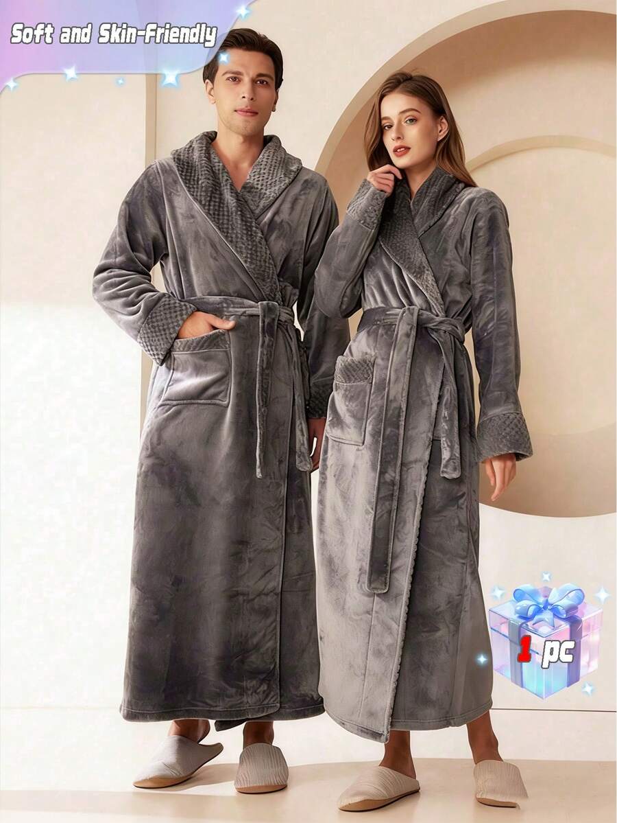 1pc Women's Woolen Bathrobe, Ultra-Soft And Comfortable, Lightweight Side Pocket, Made Of Microfiber Summer Wedding Home Bathroom Decor Back To School - 深灰色 - 查看 1