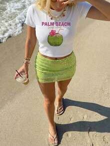 Sundraya Women's Casual Coconut Letter Print Cropped T-Shirt, Summer - White - View 4