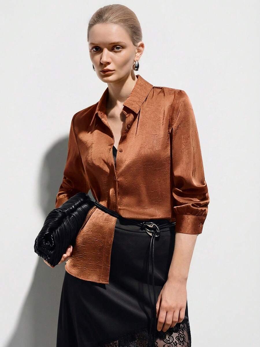 Aveloria Modichic Women's Fashion Button-Down Collar Long Sleeve Blouse - Orange - View 1