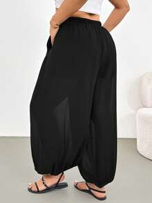 Shapeblank 大码女装春夏时尚休闲宽松舒适日常百搭显瘦黑色雪纺透视泡泡哈伦裤，夏季服装，女裤，度假装，宽松裤，女士宽松裤，女士超大码裤，女士泡泡裤，大码宽松女裤，瑜伽裤 - 黑色 - 查看 2