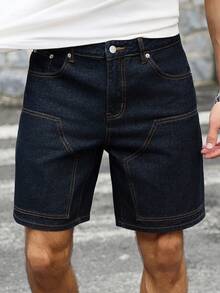 Manfinity Homme 休闲水洗深蓝色宽松及膝牛仔短裤，春夏款 - 藍色 - 查看 5