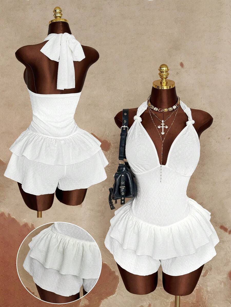 Sunspun 大码提花面料修身连体裤，裙摆设计，露背休闲连体裤，适合春夏穿着，舒适百搭 - 白色 - 查看 1