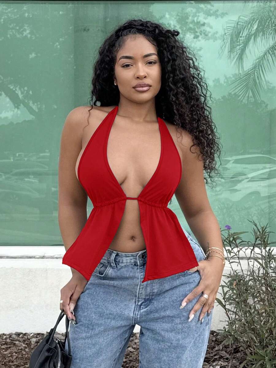 Alexandranx Summer Front Slit, Backless, Knotted Halterneck BeachB Top - Red - View 1