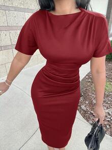 Alexandranx New Solid Color Versatile Elegant Intellectual Minimalist Office Commute Ruched Decor Loose Top Tight Skirt Long Sleeve Midi Dress,Elegant Dresses For Women,Fall Wedding Guest Dress,Wedding Guest Dress Women - Burgundy - View 4