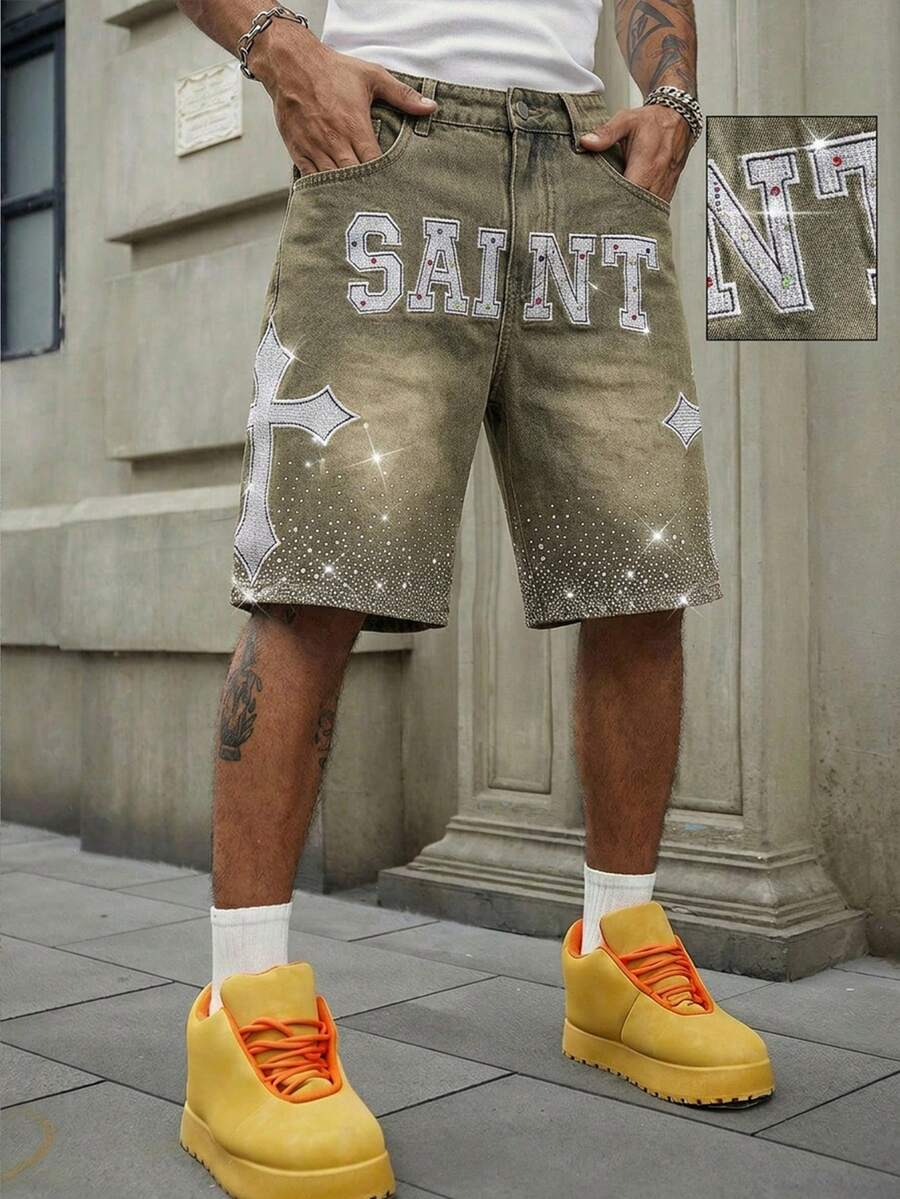 ROMWE MEN Men's Cross & Letter Applique Slant Pocket Casual Denim Shorts - Blue - View 1