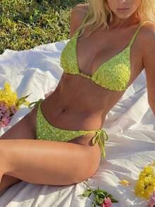 Swim Mod 新款亮片绿色比基尼泳装，性感阳光沙滩度假约会泳装，春夏款 - 綠色 - 查看 2