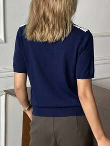 Livesso Atasan Polo Wanita Kasual Longgar Motif Blok Warna Kisi Berlian untuk Musim Semi & Musim Panas - Navy Blue - View 5