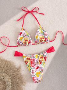 Bonvoyette Bộ bikini hai mảnh buộc dây cổ, gợi cảm, họa tiết trái cây và rau củ, thích hợp cho kỳ nghỉ hè. - Nhiều màu - Xem 2
