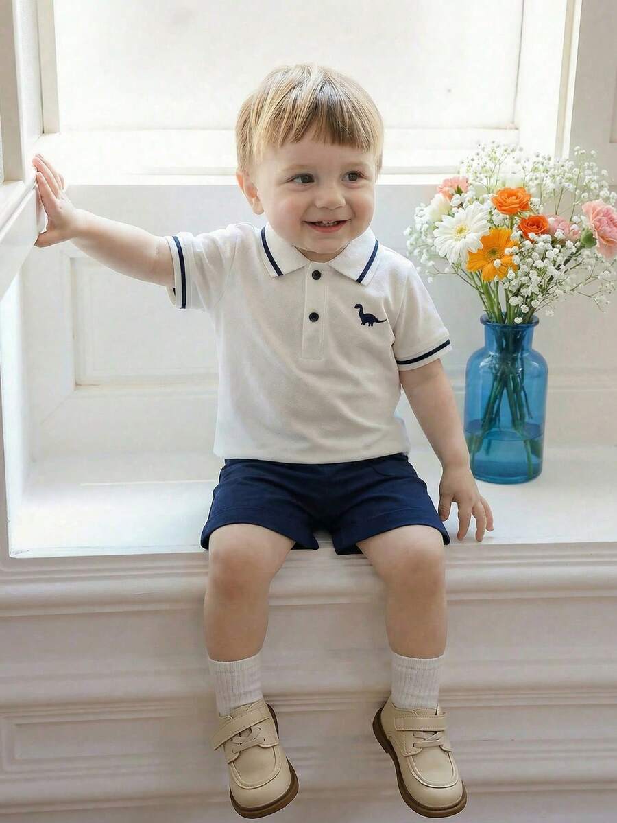 Souflis Souflis 男婴幼儿休闲日常外出绅士学院风 Polo 衫带领口袋短裤套装，蓝白配色，春夏款 - 藍白色 - 查看 1