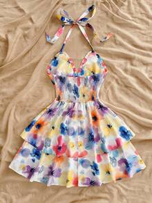 GlowEve 女士度假风水彩印花系带荷叶边连衣裙，浪漫婚礼、海滩音乐节夏季波西米亚风穿搭，女士夏季连衣裙，女士粉彩色连衣裙 - 彩色 - 查看 2