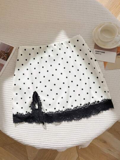 Sweetra French Classic Elegant Autumn/Winter New Polka Dot Design Hem Splice Sexy Lace Decor Valentine's Day Chic Party Series Women Skirt