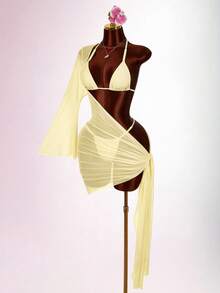 Amplova Women's 3 PiecesBeaded Swimsuit Set Including Sexy Halter Mesh Coverup, Suitable For Holiday Wear With Tie Details - Light Yellow - View 2