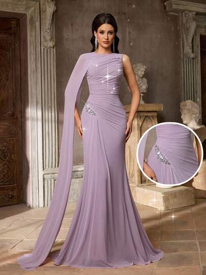 Aureia Elegant, Dignified, Graceful Lotus Purple High-Elastic Mesh Round Neck One Shoulder Super Large Cape Flared Sleeve Waist Pleated Slimming Luxurious 3D Rhinestone Decor Side Drape Fishtail Dress, Suitable For Dates, Vacations, Singles Parties, Weddings, Bridesmaids, Daily Versatile Evening Gowns