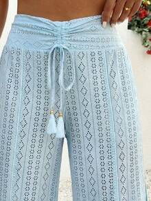 EMERY ROSE Pantalones de vacaciones con cintura con cordón y abertura lateral, de tela jacquard de talla grande - Celeste - Ver 5